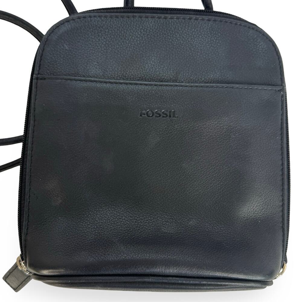 Vintage Fossil Black Leather Crossbody Purse - Small Zip Organizer Shoulder Bag